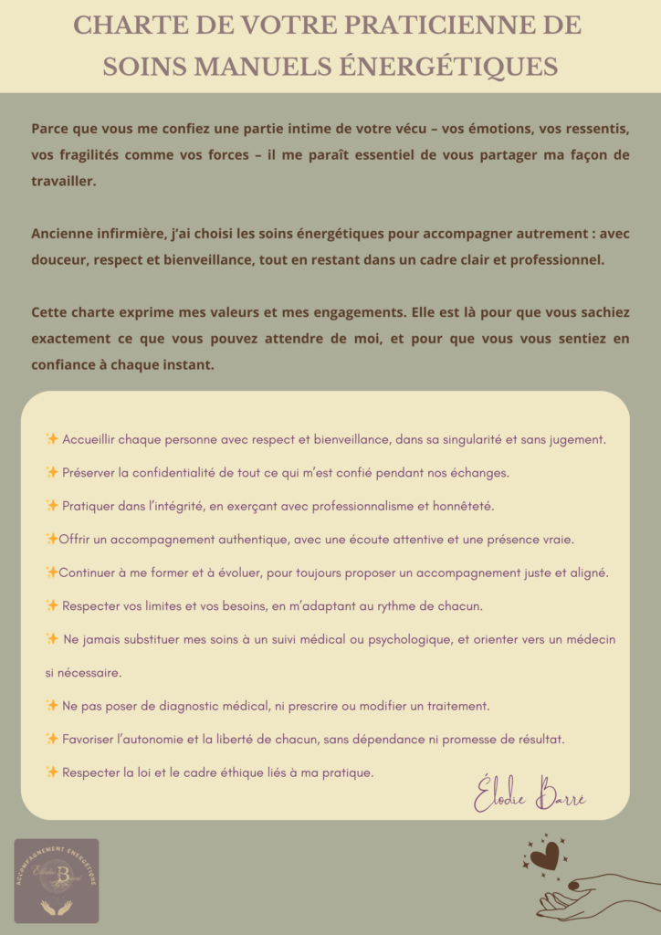 Charte de ma pratique en soins énergétiques à Civray – accompagnement bienveillant pour fatigue chronique, burn-out, stress, anxiété, crises d’angoisse et hypersensibilité