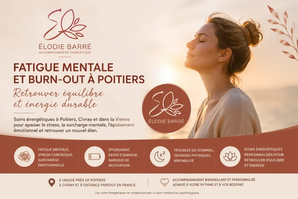 Fatigue mentale et burn-out à Poitiers – accompagnement en soins énergétiques à Poitiers, Civray et dans la Vienne pour retrouver équilibre intérieur et énergie durable.