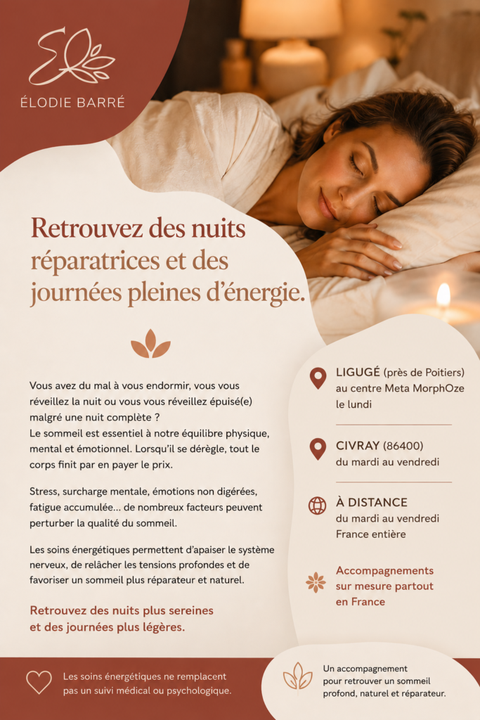 Thérapeute en soins énergétiques à Ligugé près de Poitiers accompagnant les troubles du sommeil, la fatigue mentale et les tensions émotionnelles dans un cadre apaisant.